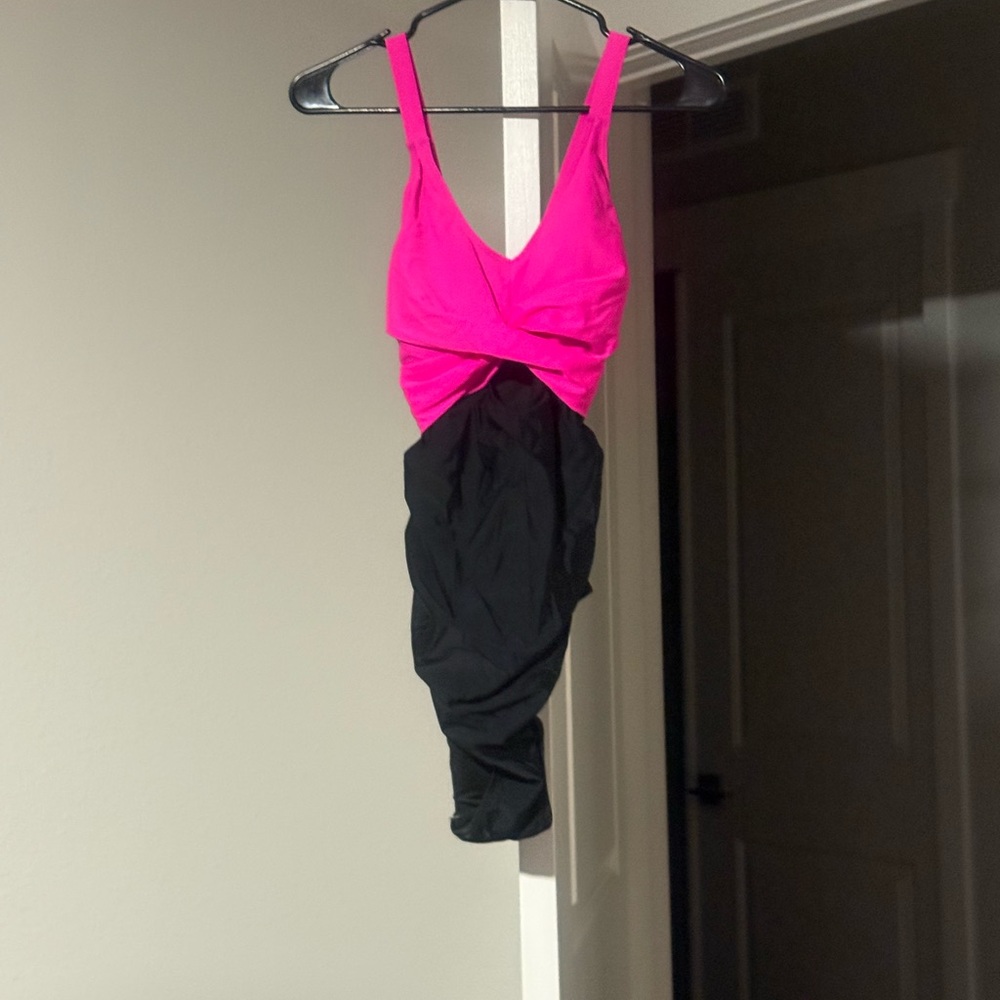Hot Pink and Black One-Piece Swimsuit - Twist Front